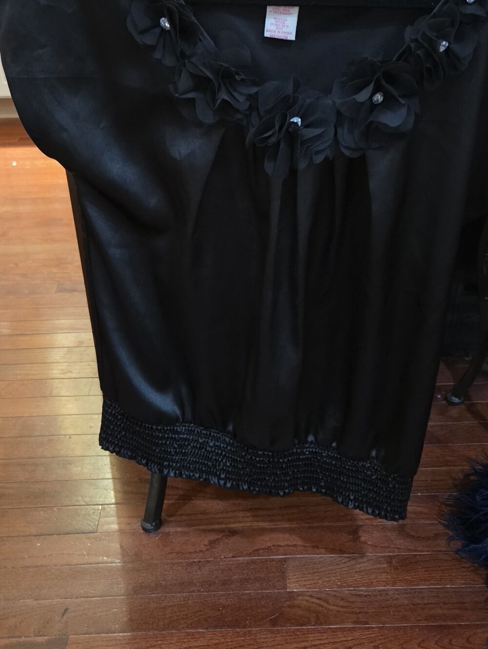 Elegant Black Floral-Trim Satin Women's Top